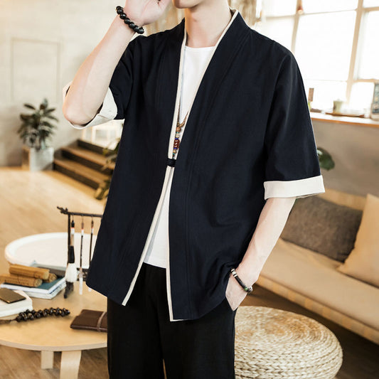 Coat Five-point Sleeves Big Fat Cotton and Linen Tang Suit Retro Disc Button Cardigan Robe Loose