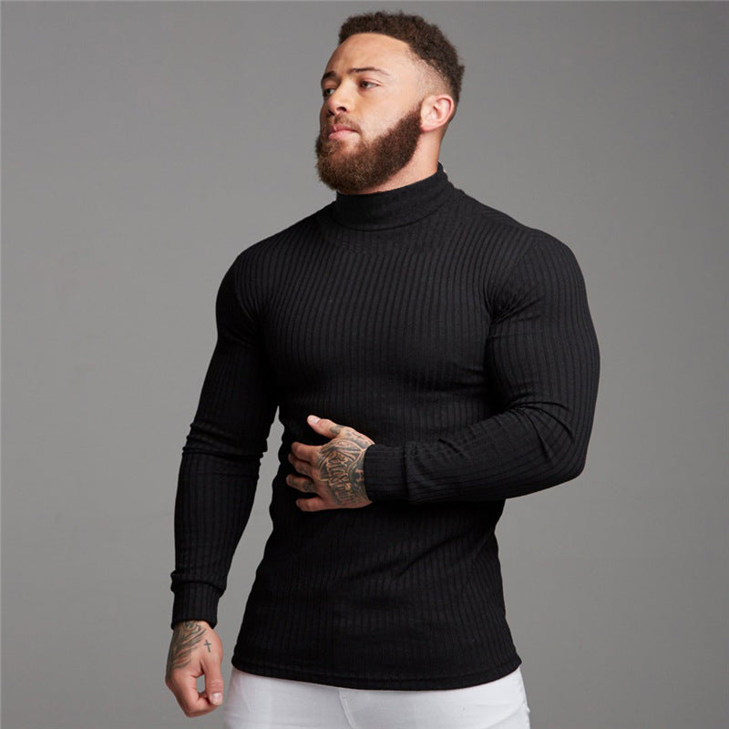 Men's Long Sleeve T-shirt Fitness High Collar Knitted Bottom Shirt
