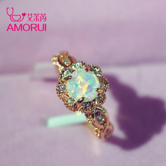 AMORUI – bague Vintage en cristal australien pour femme, bijoux à la mode, cadeau d'anniversaire, opale dorée, bagues de fiançailles/mariage 