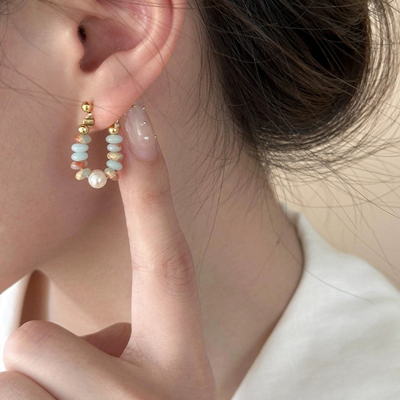 Color Dopamine Shoushan Stone Pearl Earrings