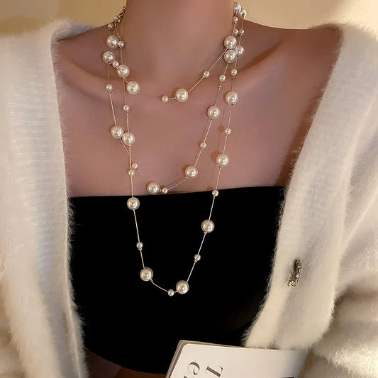 XIALUOKE Super-long Multilayer Pearl Necklace Women Fashion Sweater Chain Necklace Female Statement Jewlery