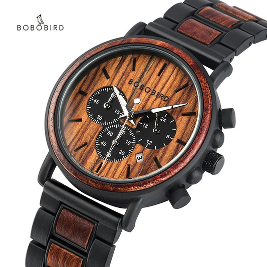 BOBO BIRD Montres en bois pour hommes Relogio Masculino Top marque de luxe élégant chronographe montre militaire cadeau personnalisé pour homme OEM 