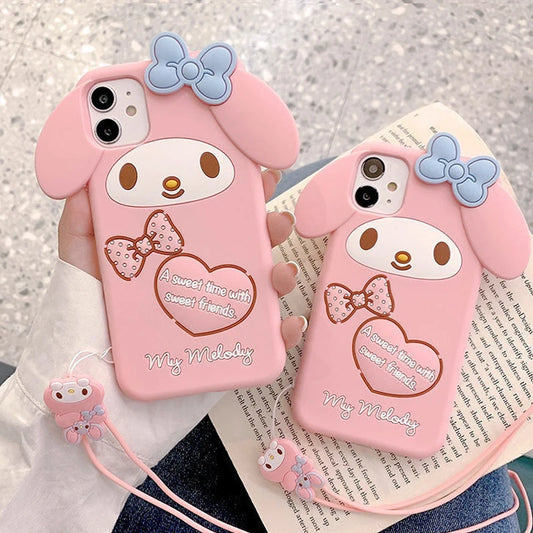 Sanrio My Melody With Lanyard Phone Case For iPhone 14 13 11 12 Pro Max XS XR 8 7 Plus Cartoon Pink Shockproof Cover Accessories