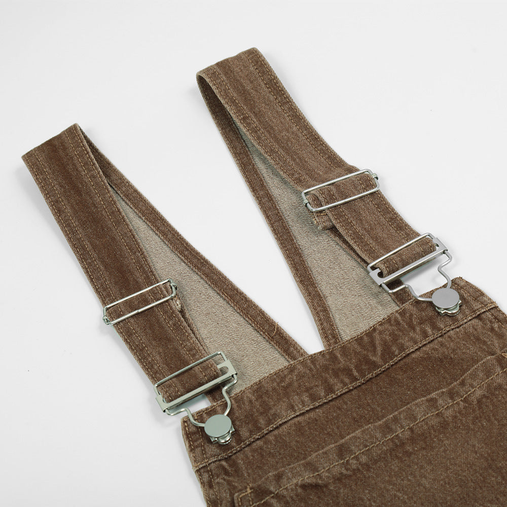 Vintage Washed White Denim Suspender Pants For Men