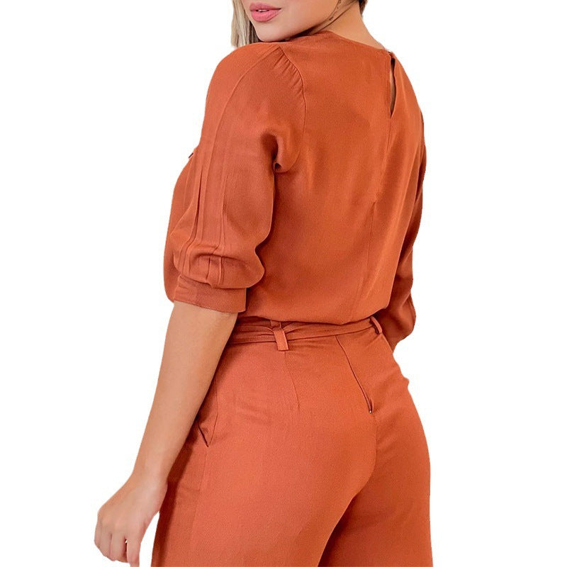 Women's Stylish Loose Round Neck Long-sleeved Top Wide-leg Trousers Suit