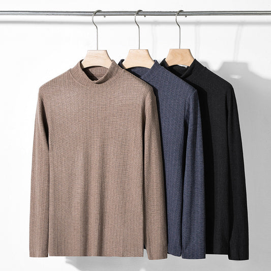 Autumn Winter Knitted Semi-high Collar Pullovers Casual Male Sleeved Solid Sweater